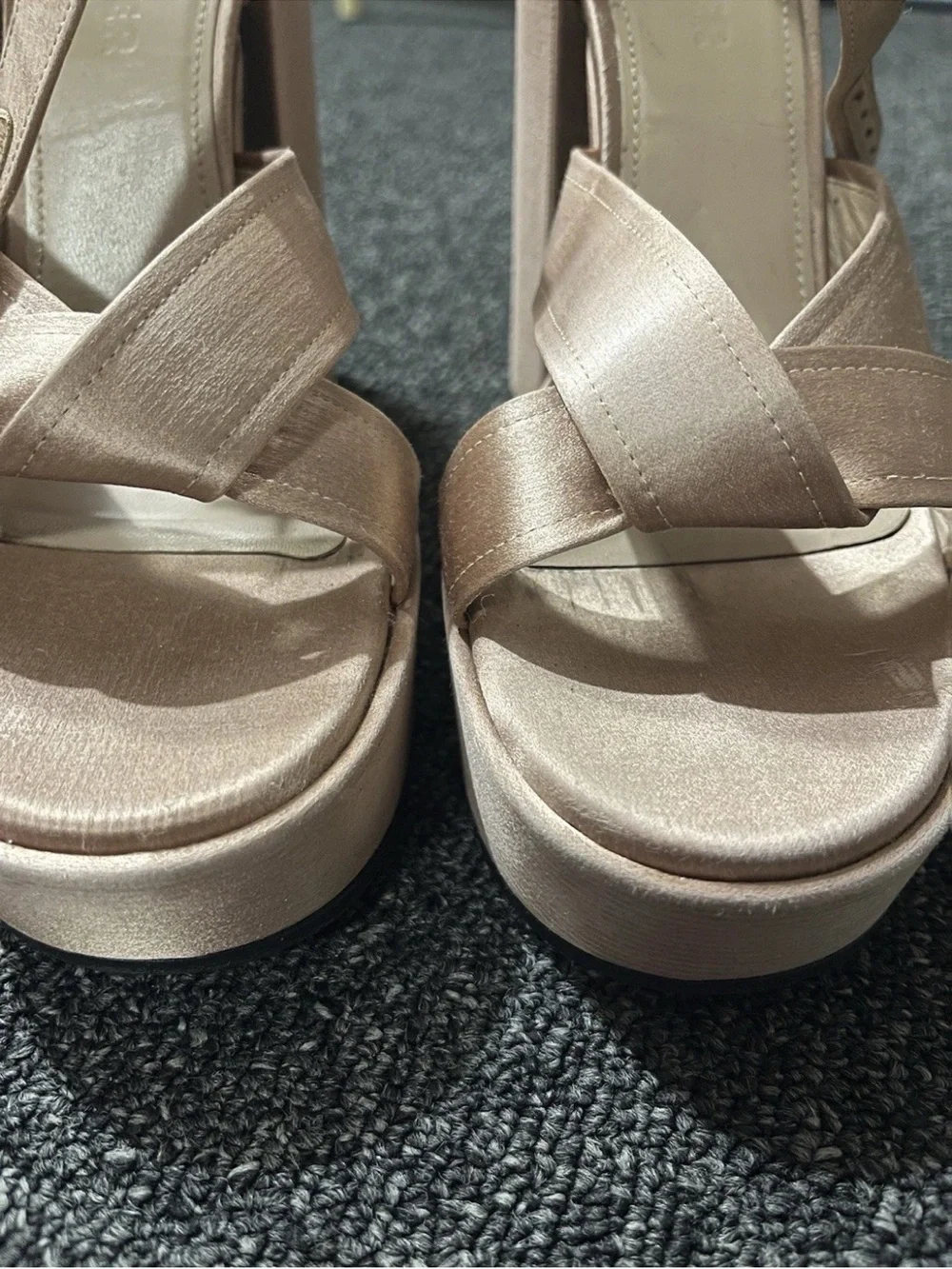 Jil Sander Champagne Satin Platform Sandals Ankle Strap 38.5 US 8